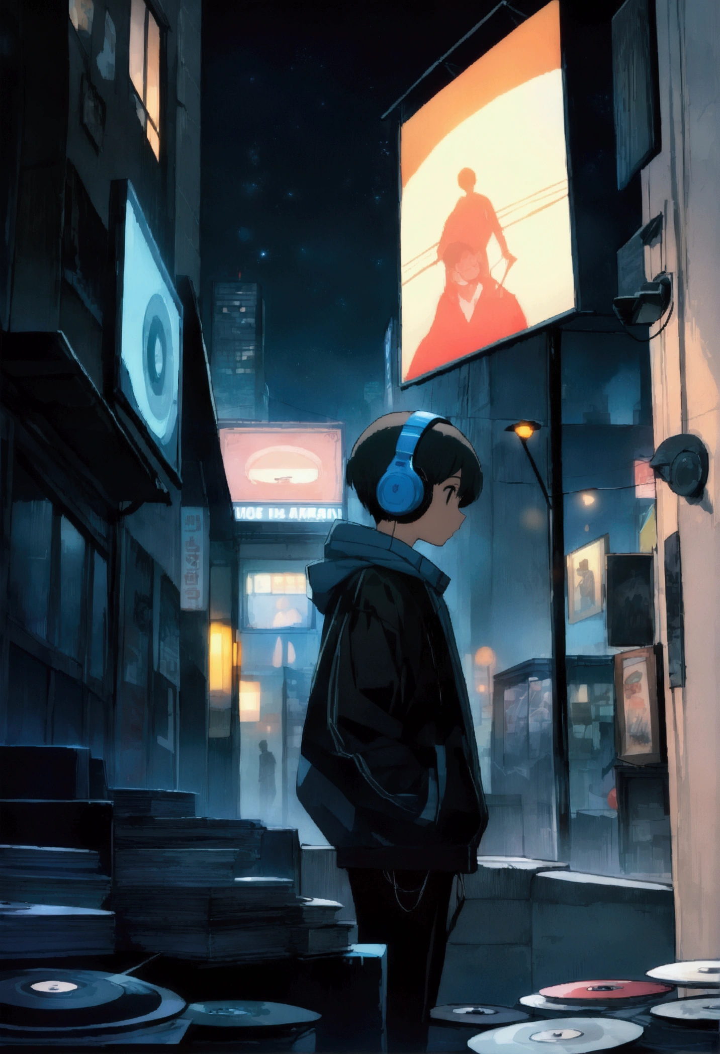 Boy listening to music with headphones, very detailed, dinner, sad mood, city between buildings, night scenery, , 2d, (Shooting from a distance), wide shot, (noise in film), old cartoons, (Lots of records: 1.3), vinyl record store, (masterpiece, very high quality, very high quality, official art, beautifully、aesthetic: 1.2), (very detailed, (fractal art: 1.4 ), etc, (memo: 1.4), (lo-fi hip hop), side view, old animation texture, alone, Speaker, city pop