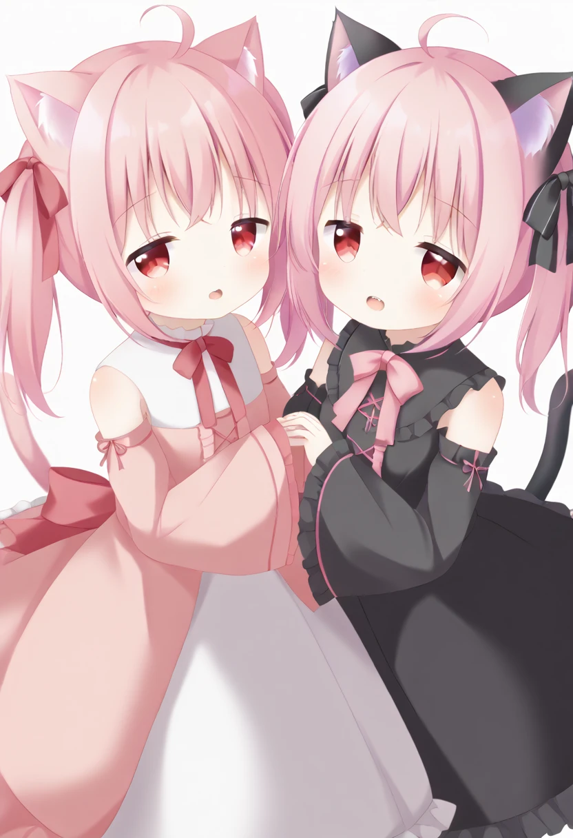 Cat ear、Pink Hair、Red eyes、Half-closed eyes、Looking at me、Moe sleeves、Ahoge、Double teeth、Black cat、 Straight bangs、ta pink、Pigtails