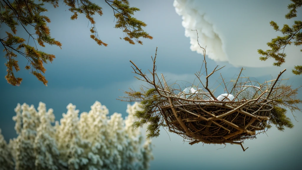 Create a close-up image of a forest during a severe storm, with broken branches and leaves being blown away by strong winds. In the center of the image, also in close-up, depict a nest with a mother bird calmly sitting over her chicks, conveying a sense of peace and tranquility amidst the chaos of the storm. The scene should clearly illustrate the concept of "Peace in the Midst of Chaos," showing the contrast between the violent storm and the calmness of the nest.