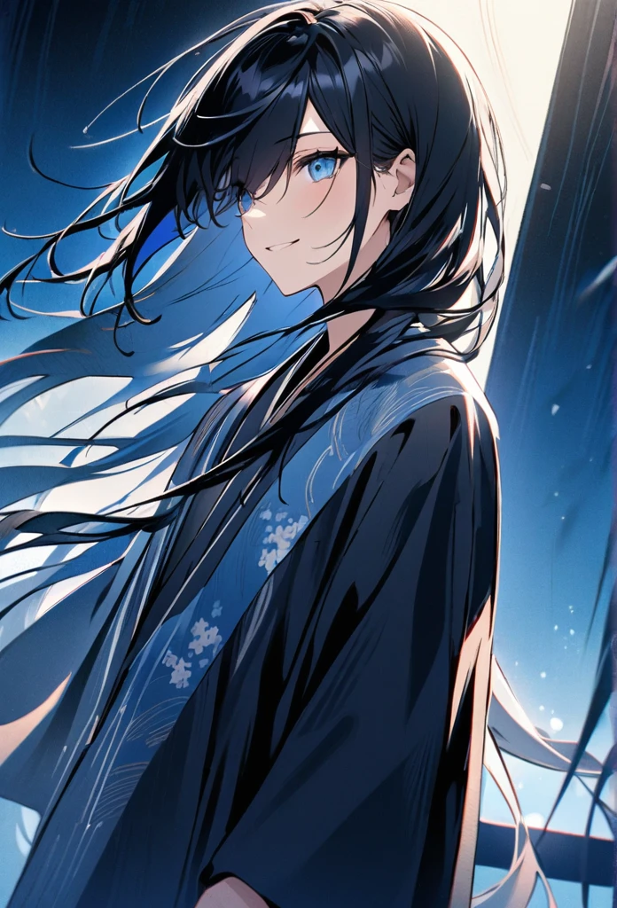Japanese。male。Sharp Eye。Very long black hair。Plain blue kimono(Dressed in kimono)。A strong wind blows my hair back。Cover your eyes with hair。The background is blue light。Stand up straight。An illustration。picture。Smile a little