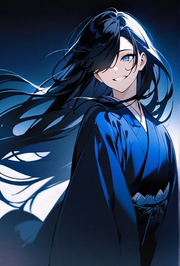 Japanese。male。Sharp Eye。Very long black hair。Plain blue kimono(Dressed in kimono)。A strong wind blows my hair back。Cover your eyes with hair。The background is blue light。Stand up straight。An illustration。picture。Smile a little