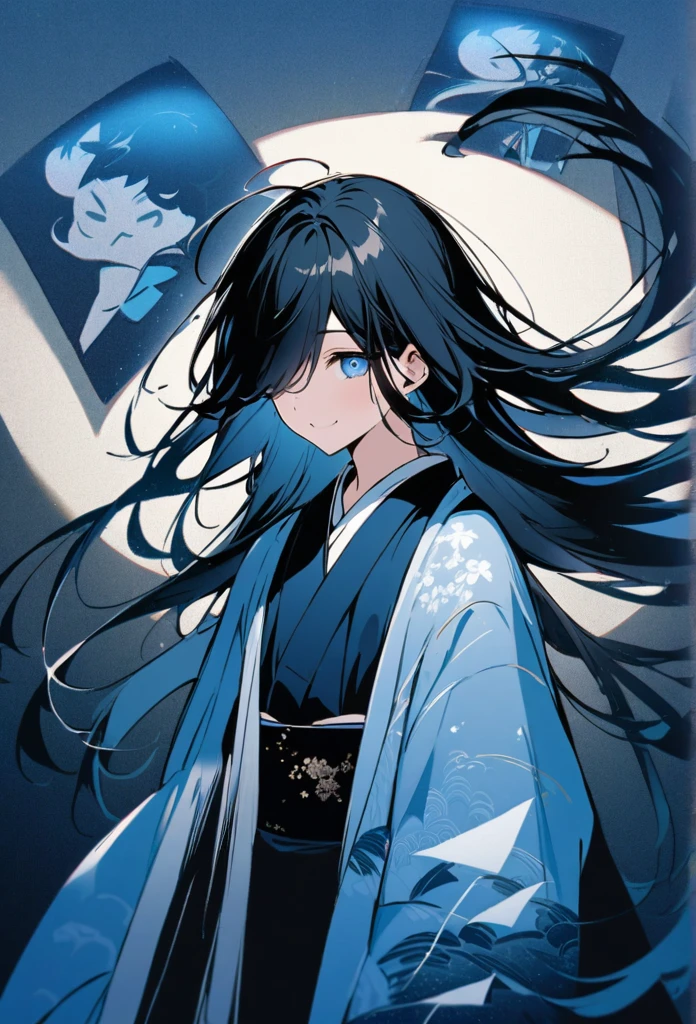 Japanese。male。Sharp Eye。Very long black hair。Plain blue kimono(Dressed in kimono)。A strong wind blows my hair back。Cover your eyes with hair。The background is blue light。Stand up straight。An illustration。picture。Smile a little