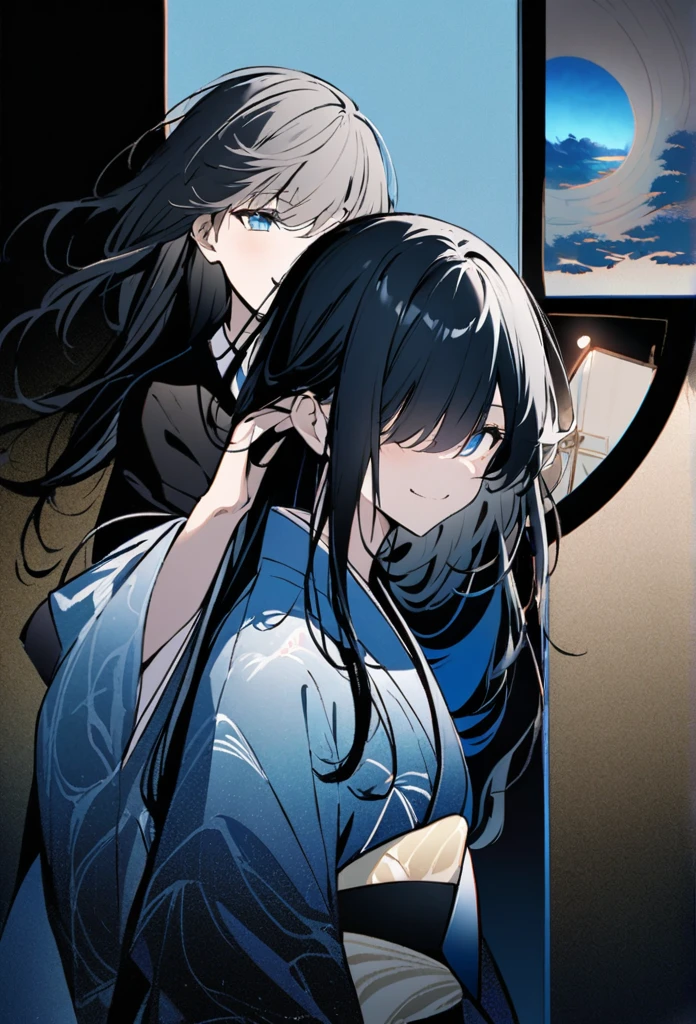 Japanese。male。Sharp Eye。Very long black hair。Plain blue kimono(Dressed in kimono)。A strong wind blows my hair back。Cover your eyes with hair。The background is blue light。Stand up straight。An illustration。picture。Smile a little