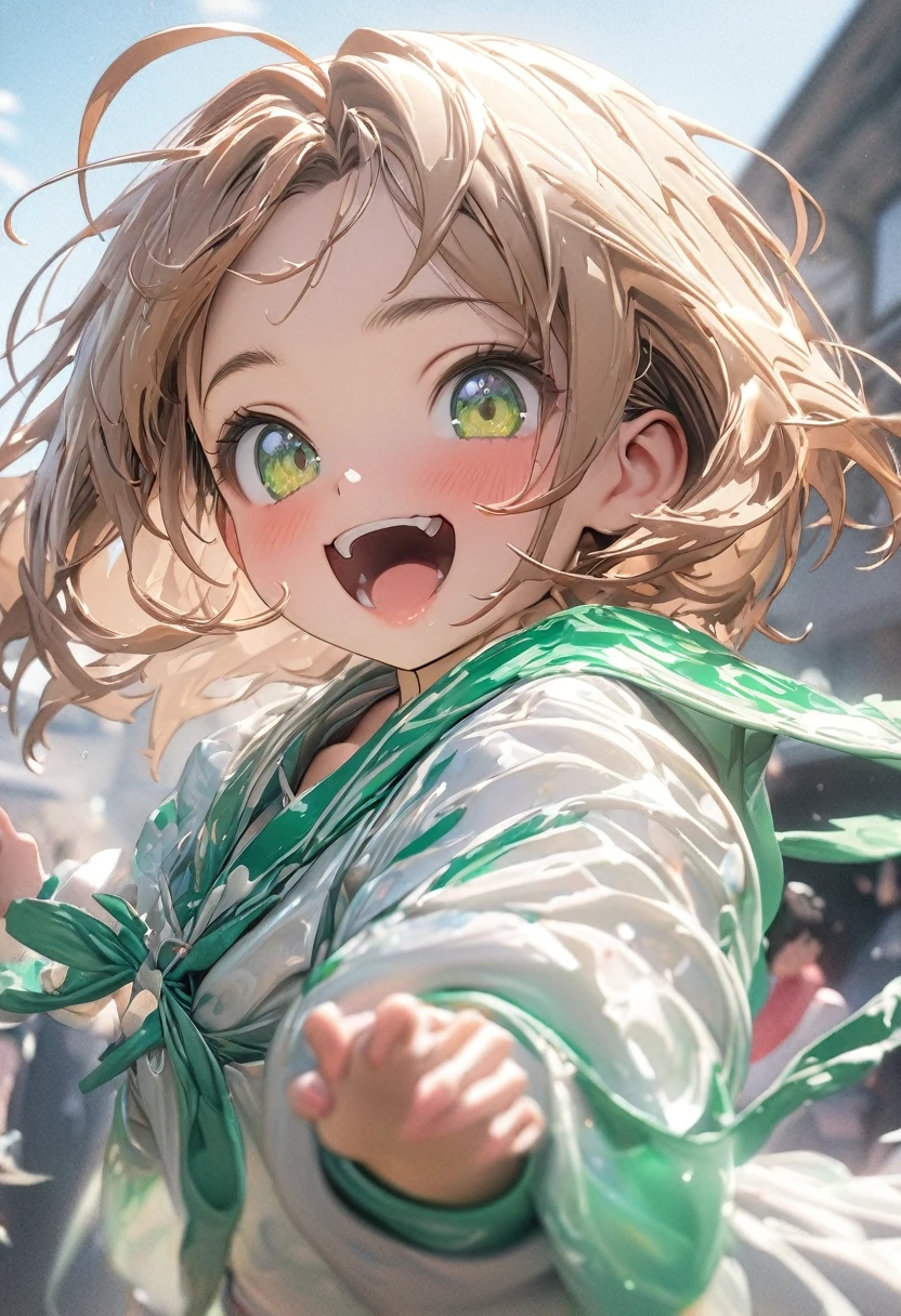 ((masterpiece)), ((Highest quality)), ((High resolution)), ((In detail)),((Highest quality, 8k, masterpiece)), 1girl, kinomoto sakura,short brown hair, bang, short all-round with 2 raised partings, 2 curved ahoges, and 2 long thin strands on sides, and emerald green eyes, energetic and cheerful ten-year-old gir