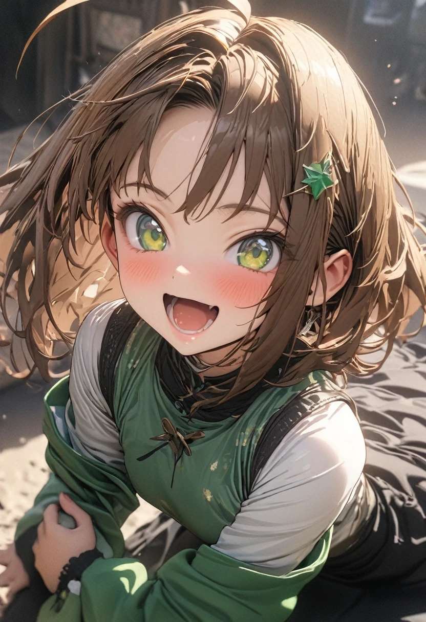 ((masterpiece)), ((Highest quality)), ((High resolution)), ((In detail)),((Highest quality, 8k, masterpiece)), 1girl, kinomoto sakura,short brown hair, bang, short all-round with 2 raised partings, 2 curved ahoges, and 2 long thin strands on sides, and emerald green eyes, energetic and cheerful ten-year-old gir