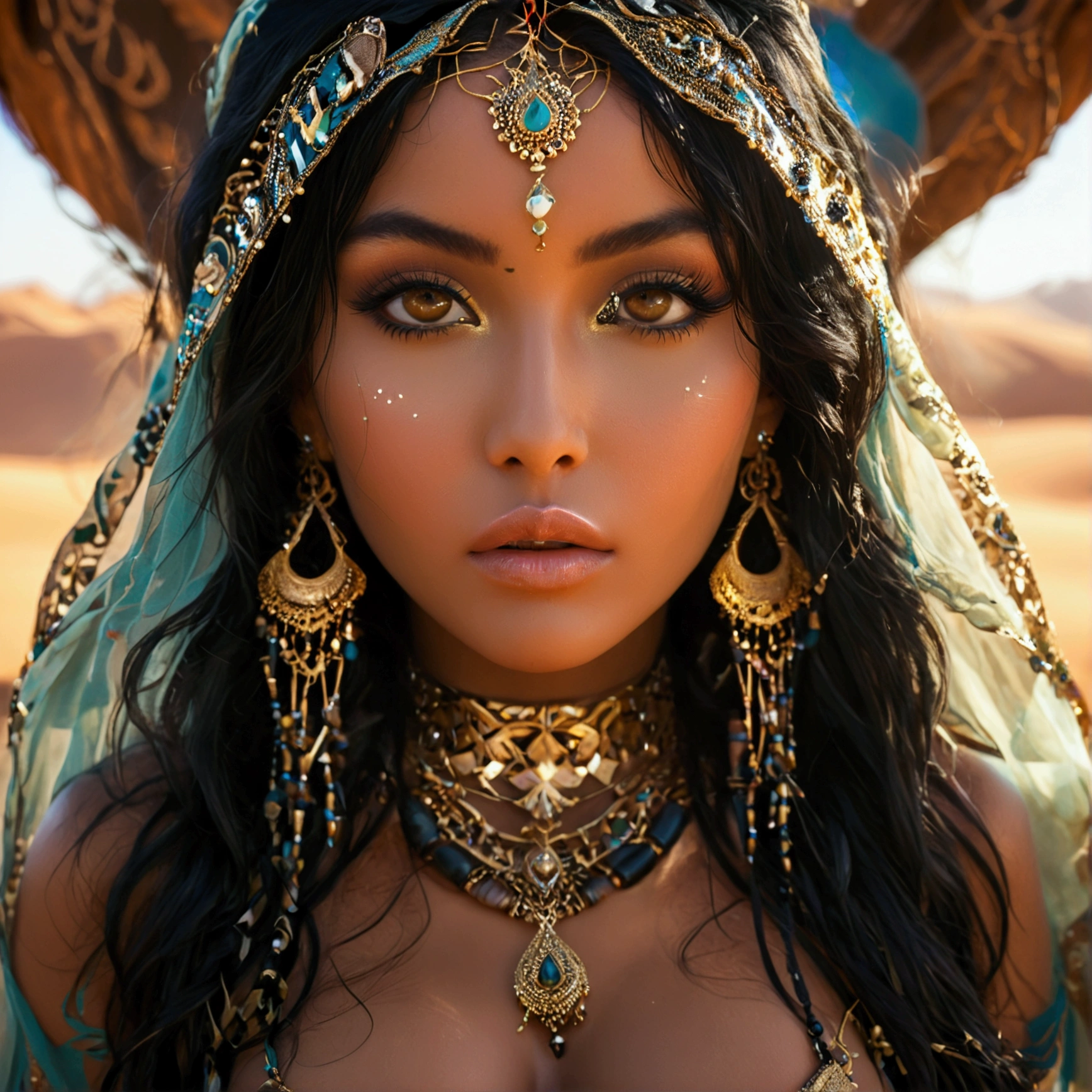score_9, score_8_up, score_7_up, 1girl, Djinn, , huge and perky breasts, exotically alluring, thick thighs, crossed legs, in a mystical desert, shot from the front, glowing golden skin, intricate jewelry, long black hair,