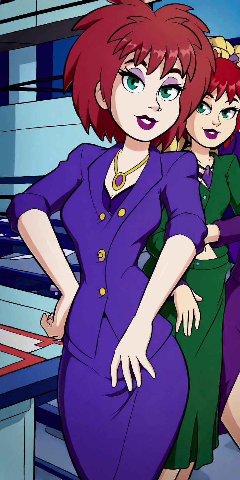 A cute girl, light skin, sexy, attractive, red hair, shiny cut, tousled, her green eye, dresses in a purple button-down buttoned long office coat and a long purple skirt with a black heel.