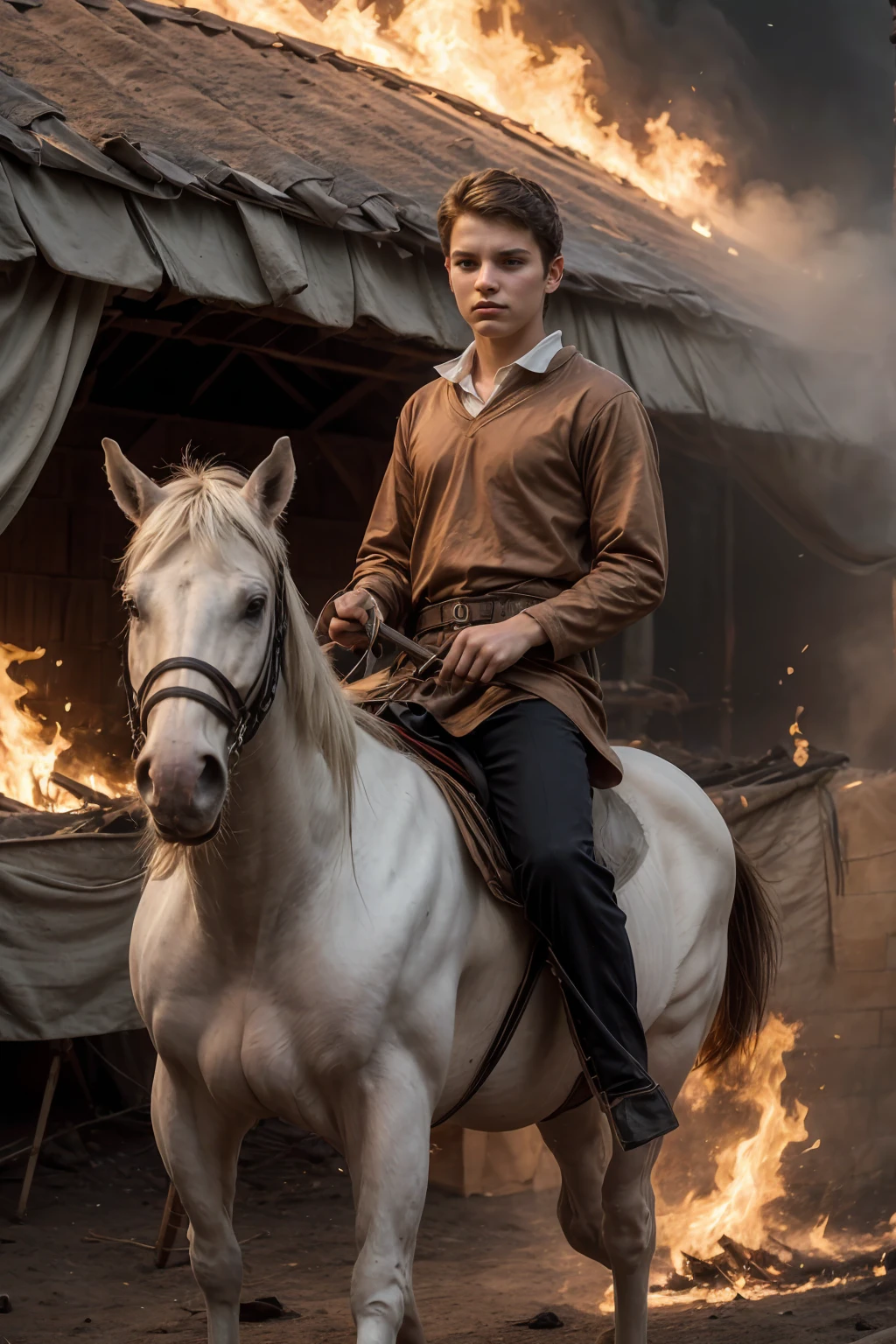 A young male twink, 18 years old, with a cute, angelic face, with makeup and black hair, wearing a medieval shirt with ties, a v-neck, and long sleeves, the color aquamarine, and white medieval pants. He is on the battlefield, riding on a horse, as if the horse is galloping. He is holding a sword up and his shield in his other hand, and behind him are tents burning with flames of fire, and he looks angrily.