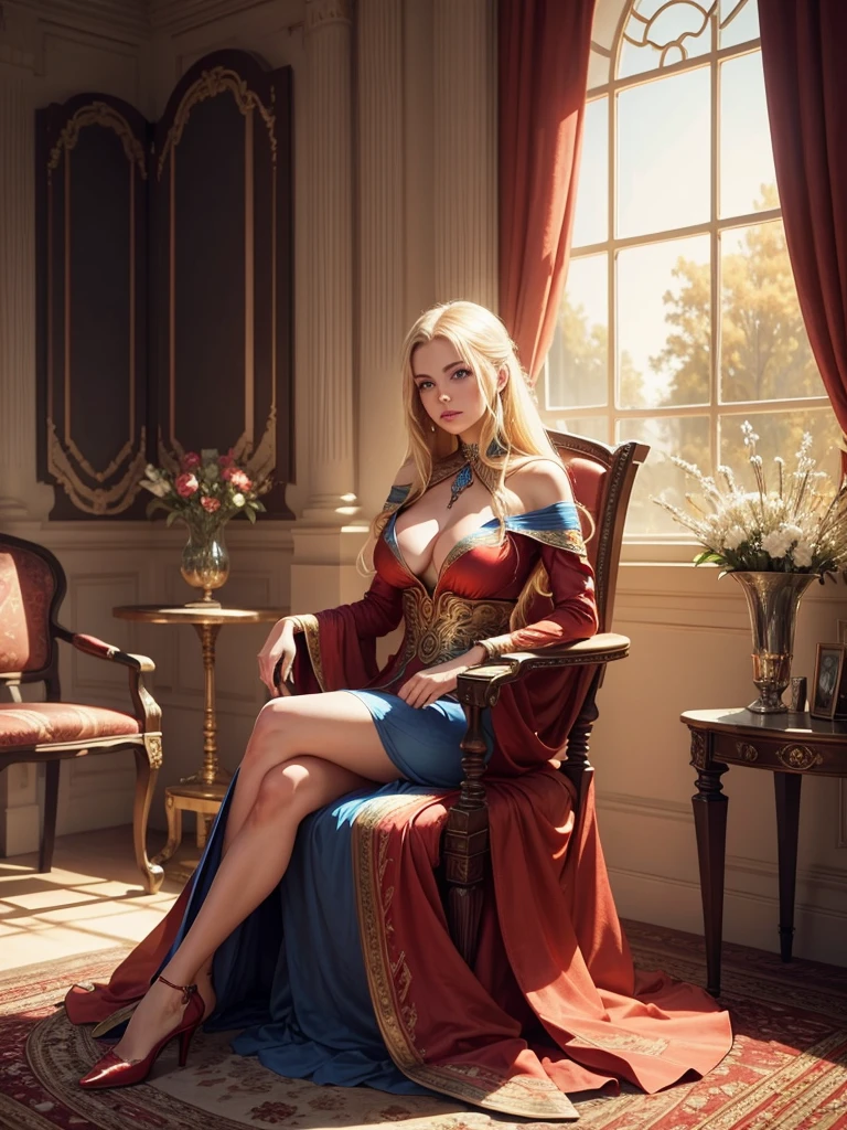 Blonde woman, twenty eight years old, blue eyes, wearing red long dress, beautiful long dress, sitting on a chair in a exquisite room, fantasy world, strong body, big tits