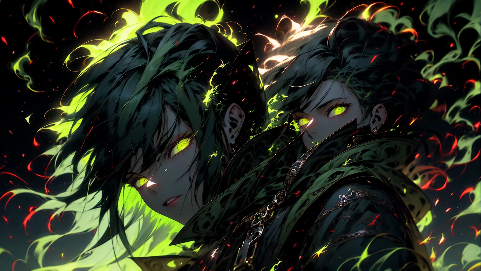 work of art, best qualityer, ultra high resolution, comely, visually stunning, chic, Incredible details, award-winning painting, (black art:1.1), deep shadow, (dark green theme:1.2), r1ge, Ablaze, Aura, energy, beam, flying debris, [serious|Jumpy], floating hair, ung boy, muscular,