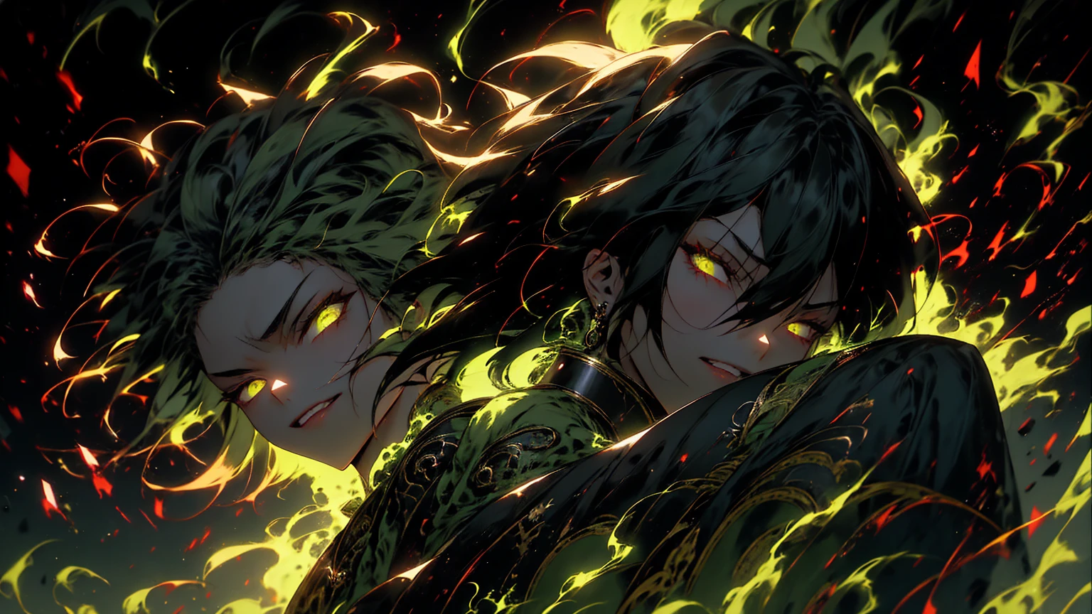 work of art, best qualityer, ultra high resolution, comely, visually stunning, chic, Incredible details, award-winning painting, (black art:1.1), deep shadow, (dark green theme:1.2), r1ge, Ablaze, Aura, energy, beam, flying debris, [serious|Jumpy], floating hair, ung boy, muscular,