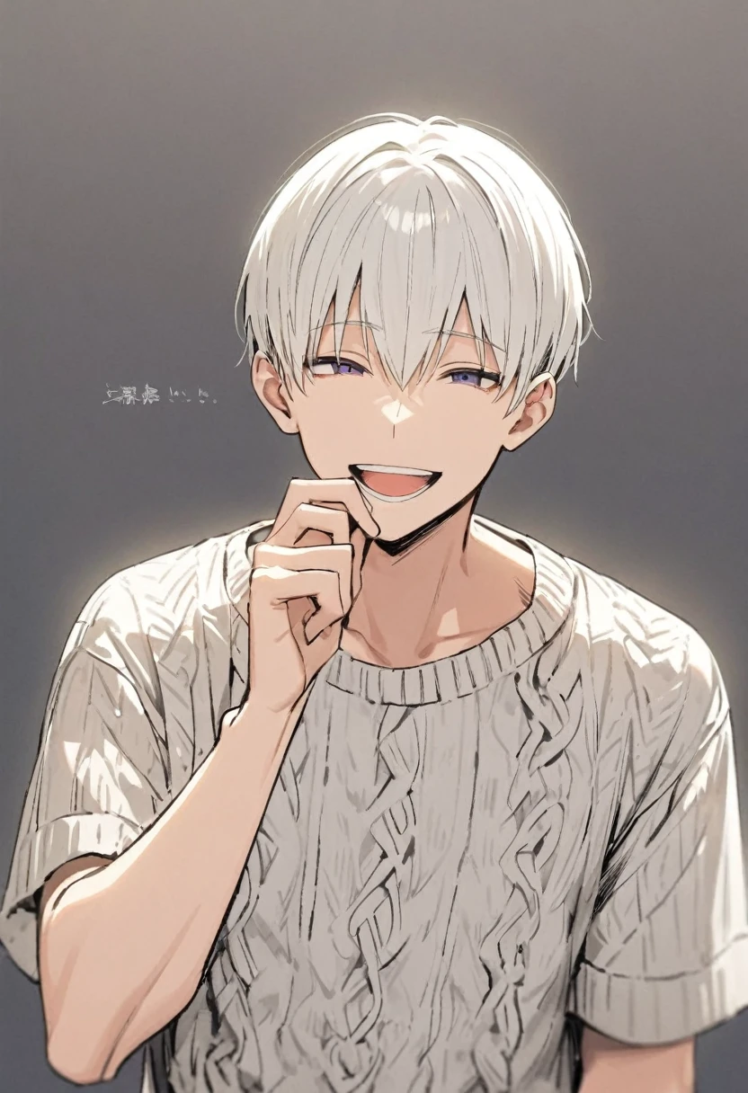 White Hair, Short Hair, 30generation, male, good looking, Bad look, knit, Upper Body, Are standing, Background white, male1 person, 1 person, smile, Close your mouth, Bossy,