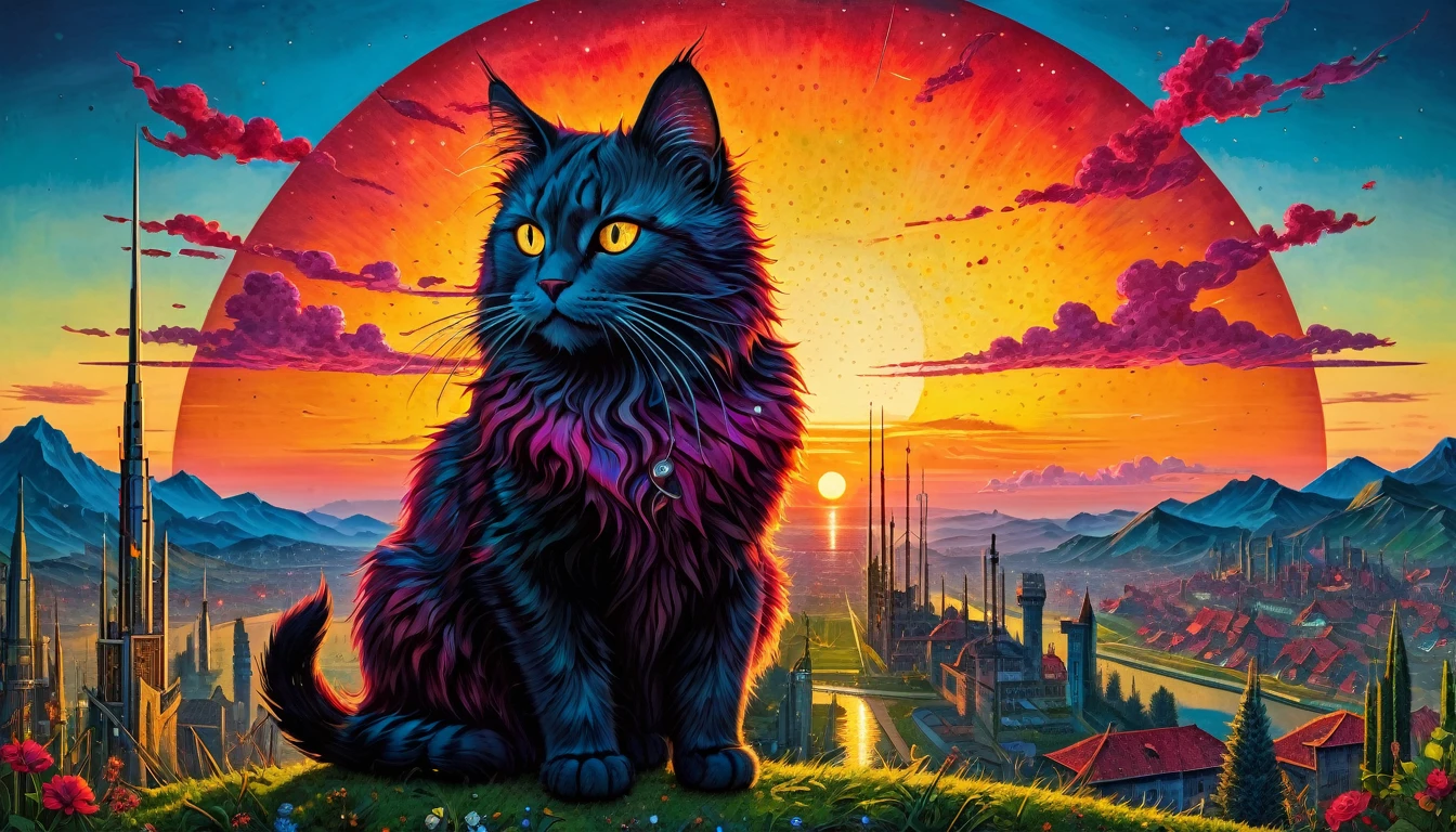 ((front view)) A giant cat, cyberpunk  crimson sunset, created ((in the style of Albrecht Altdorfer)), Renaissance, pin-dot art,((oil painting knife)), rainessanse older gradient, Complex details, intricate, aesthetics, ((best quality, Masterpiece)),
((Highest detail), Octane rendering, 8K  