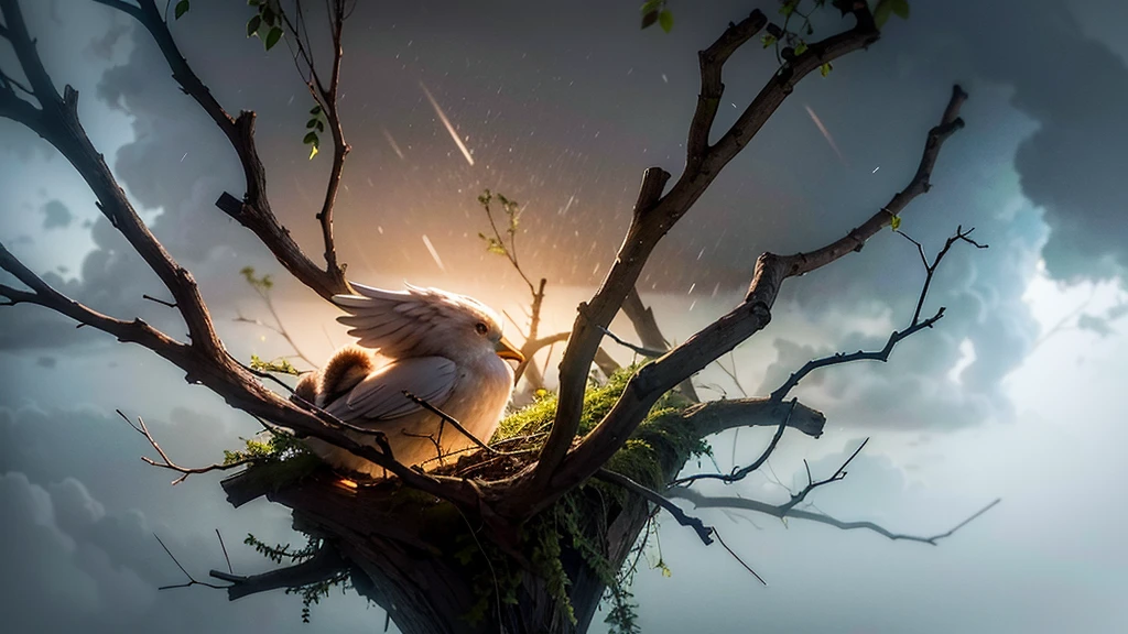 Create a close-up image of a forest during a severe storm, with broken branches and leaves being blown away by strong winds. In the center of the image, also in close-up, depict a nest with a mother bird calmly sitting over her chicks, conveying a sense of peace and tranquility amidst the chaos of the storm. The scene should clearly illustrate the concept of "Peace in the Midst of Chaos," showing the contrast between the violent storm and the calmness of the nest.