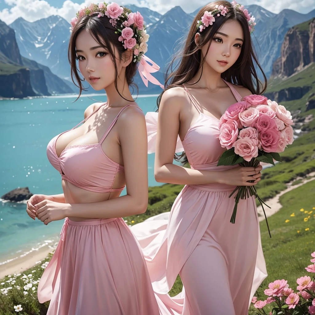 Make an image of a beautiful and pretty woman holding a pink flower, make her look beautiful and pretty and hot, make her chest a bit big, give a good view of the landscape as well