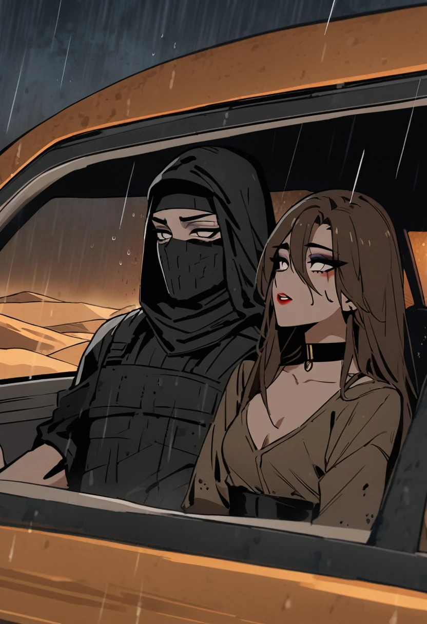 Male arab modern terrorist, terrorist, black balaclava, black bandage, white eyes, black clothes, thin waist, femboy, light skin, makeup, black eyeliner, big eyelashes, black eyeshadow, choker, inside the car, desert, night, rain, hetero duo, 1girl, brown long hair girl, girl without a mask, makeup