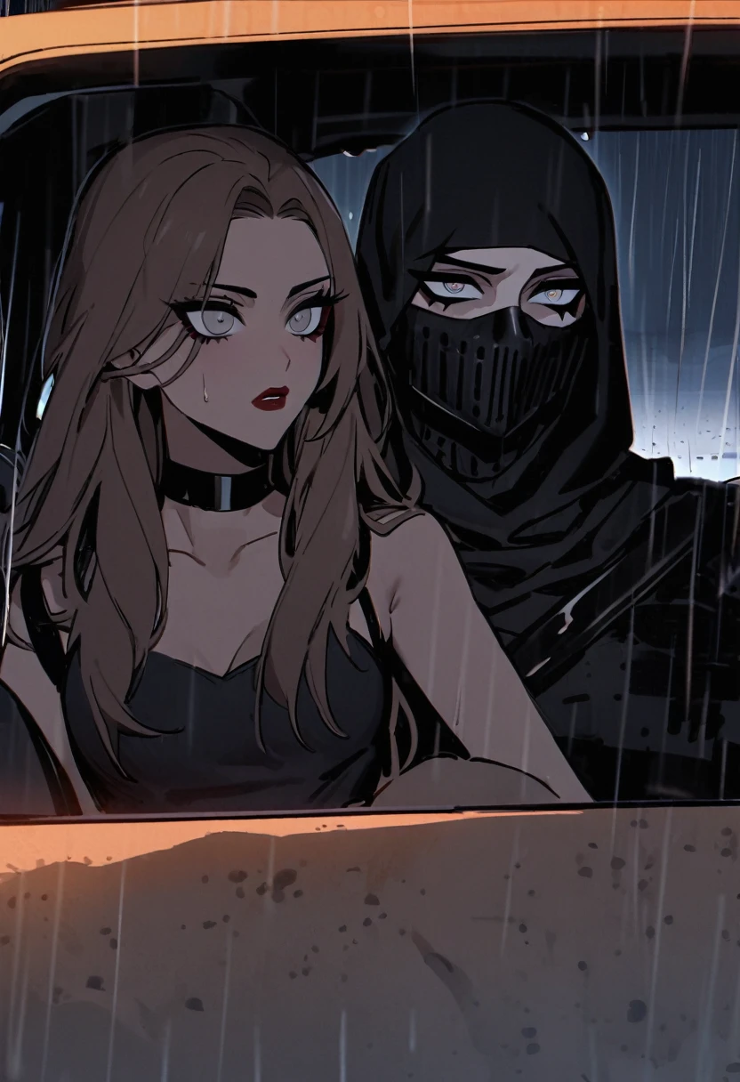 Male arab modern terrorist, terrorist, black balaclava, black bandage, white  eyes, black clothes, thin waist, femboy, light skin, makeup, black eyeliner, big eyelashes, black eyeshadow, choker, inside the car, desert, night, rain, hetero duo, 1girl, brown long hair girl, girl without a mask, makeup