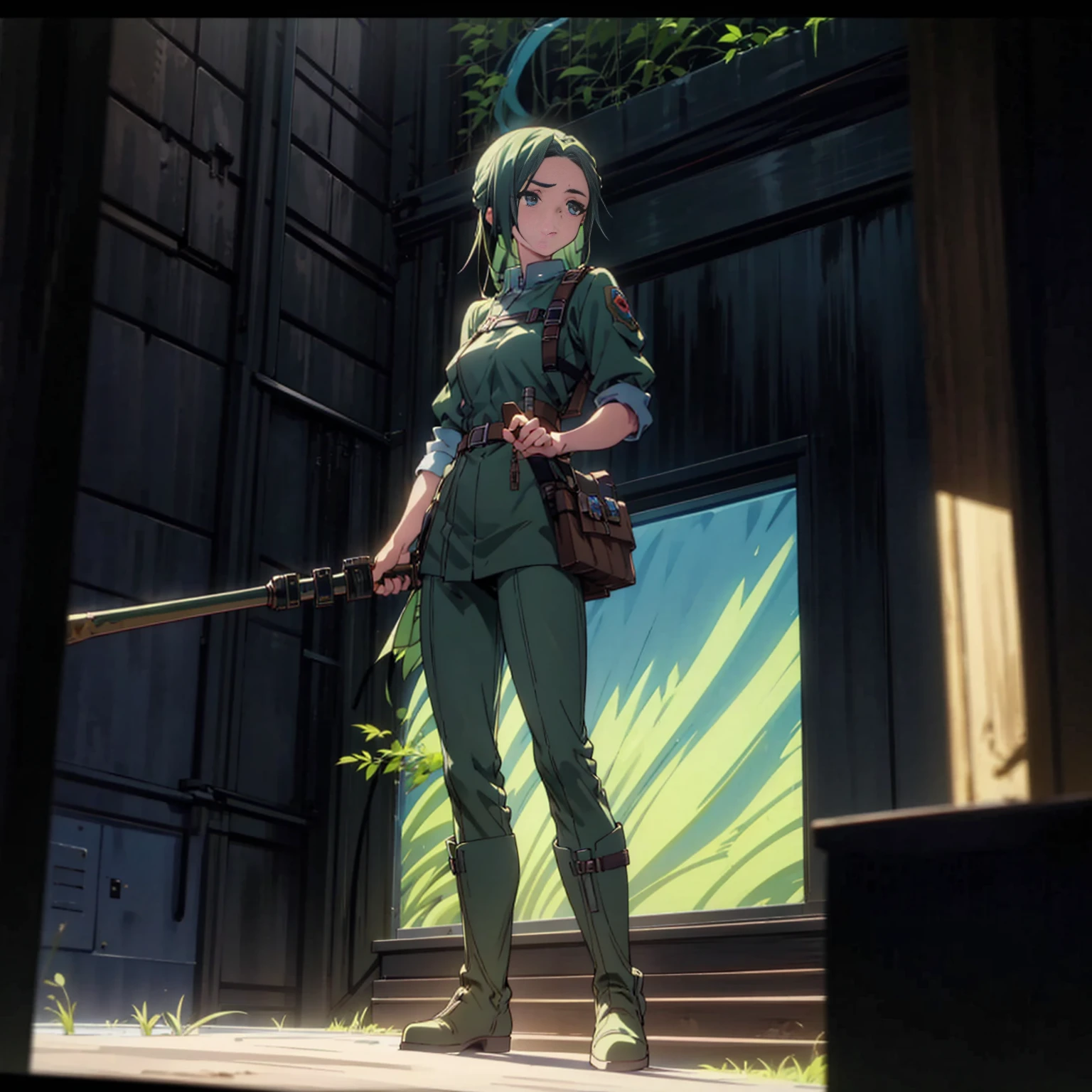 1girl, Full body version, 1character, green eyes, long haircut, skyblue color hair, soldier style clothing, boots, Grassroots, background in city street, motion blur, lighting, (detective conan style art), standing gesture, sniper in hand 