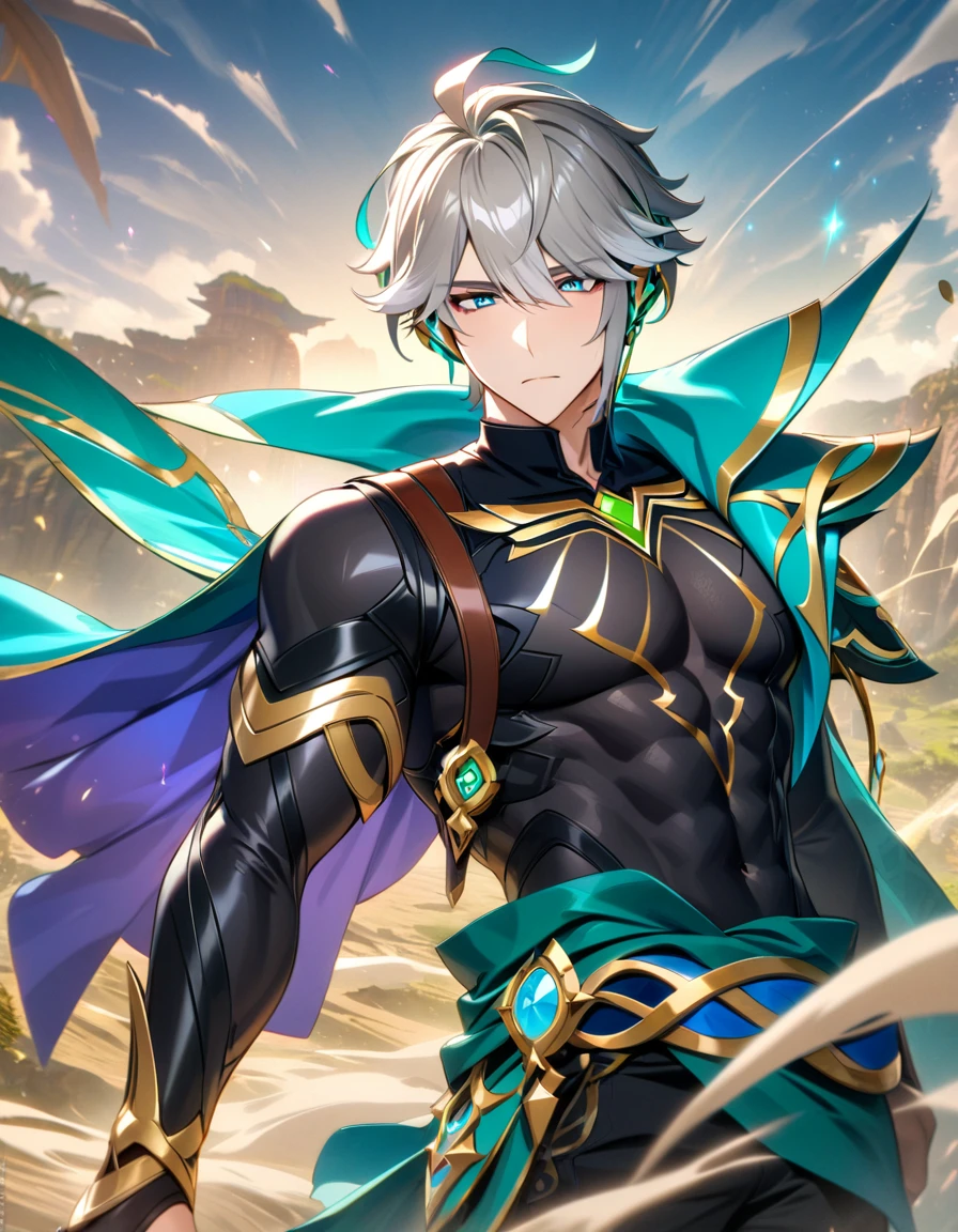 (absurdities, High resolution, ultra detailed, HdR) masterpiece, Best Quality, alhaitham, gray hair, expressive blue eyes, genshin impact, Attractive man, elegant, black fitted shirt, Cape Verde, fantastic land, fantasy magic, magical, dust, Purple color