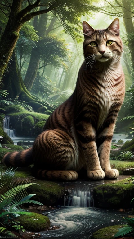 Hyper-realistic digital painting of a giant cat exploring a mystical forest filled with glowing plants and magical creatures. The cat's fur shimmers with an ethereal glow, blending seamlessly with the enchanted surroundings. Fairies and other fantasy creatures interact with the cat, adding to the magical ambiance. The forest is lush and vibrant, with a stream flowing through it and ancient trees towering overhead. The scene captures the wonder and mystery of a fantasy world inhabited by a majestic giant feline. Cinematic composition, trending on ArtStation.