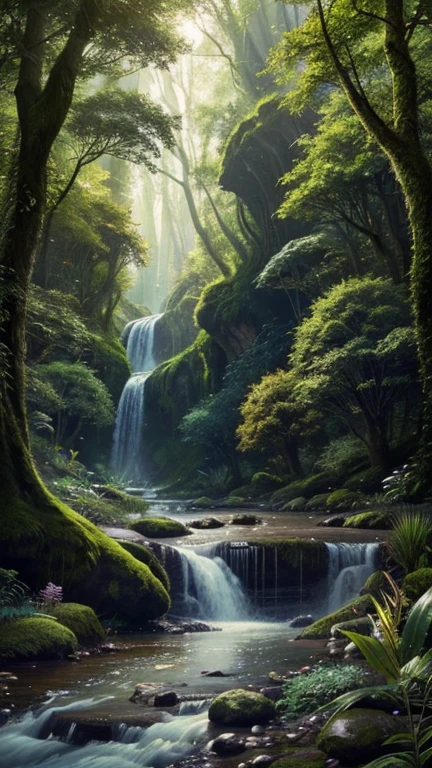 Hyper-realistic digital painting of a giant cat exploring a mystical forest filled with glowing plants and magical creatures. The cat's fur shimmers with an ethereal glow, blending seamlessly with the enchanted surroundings. Fairies and other fantasy creatures interact with the cat, adding to the magical ambiance. The forest is lush and vibrant, with a stream flowing through it and ancient trees towering overhead. The scene captures the wonder and mystery of a fantasy world inhabited by a majestic giant feline. Cinematic composition, trending on ArtStation.