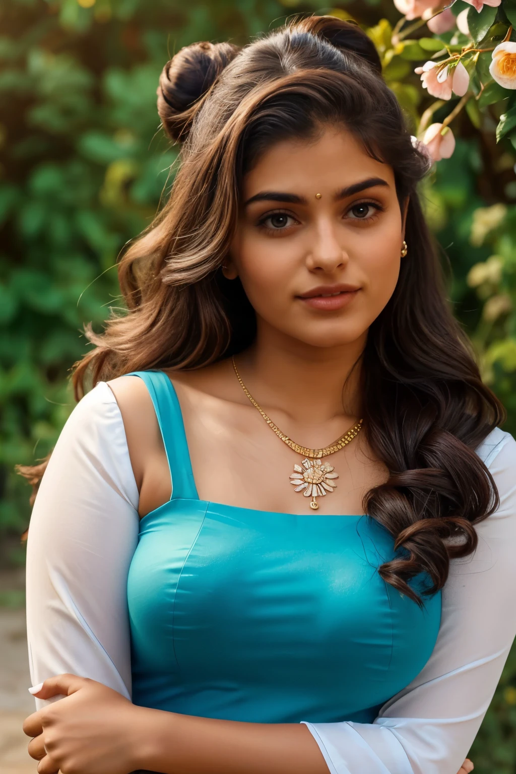 Outdoor image of 18 years  ((Tamil girl ))in school school photo in school masterpiece, (photorealistic:1.7), best quality, beautiful lighting, Eleanor Latino girls Plus Size Model random colour , beautiful eyes extremely( hair Bun, loosen hair)long extreme curly hair Lifts wearing Indian flowers ethnic elegance princess transparent shirt. Flowers on hair (Persian princess)),big  selfie, extreme close up photo of curvy Latina indian, hourglass figure, swooping breasts, sexy armpits, seducing on mountains, French braid hair, necklace, sultry, winking at viewer annoyingly, teal pink ,  (cinematic:1.3), intricate details, (Art Station:1.2),Tamil pretty girl, ultra realistic skin (hair bun)HD wallpaper 32k cinematic shoot of a Beautiful cute girl, with thick thighs and a slim waist,  wearing a white Full sleeve top,((slim waist)), ((navel)), (( Full sleeve top)), ((closeup view))((chubby cheeks))(((upturned_eyes)))((wide set eyebrows))