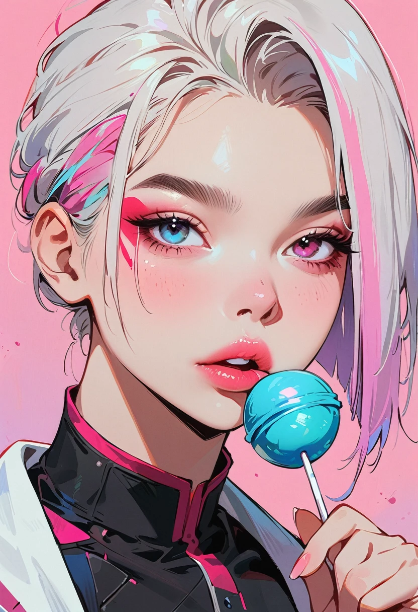 (masterpiece, best quality:1.2), 1 girl, 独奏, Anime style, Heterochromia, Eating a lollipop, lips pink, Cyberpunk style makeup, Asymmetrical short hair, Asymmetrical short hairstyle, Long bangs on one side, Purple and pink background.