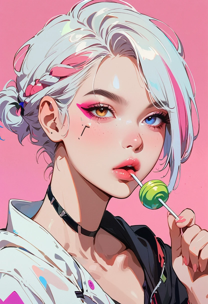 (masterpiece, best quality:1.2), 1 girl, 独奏, Anime style, Heterochromia, Eating a lollipop, lips pink, Cyberpunk style makeup, Asymmetrical short hair, Asymmetrical short hairstyle, Long bangs on one side, Purple and pink background.