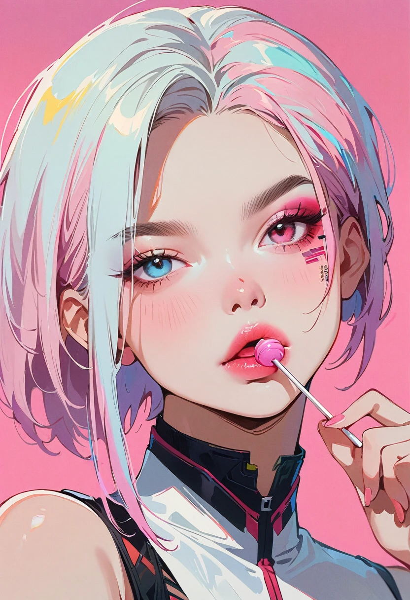 (masterpiece, best quality:1.2), 1 girl, 独奏, Anime style, Heterochromia, Eating a lollipop, lips pink, Cyberpunk style makeup, Asymmetrical short hair, Asymmetrical short hairstyle, Long bangs on one side, Purple and pink background.