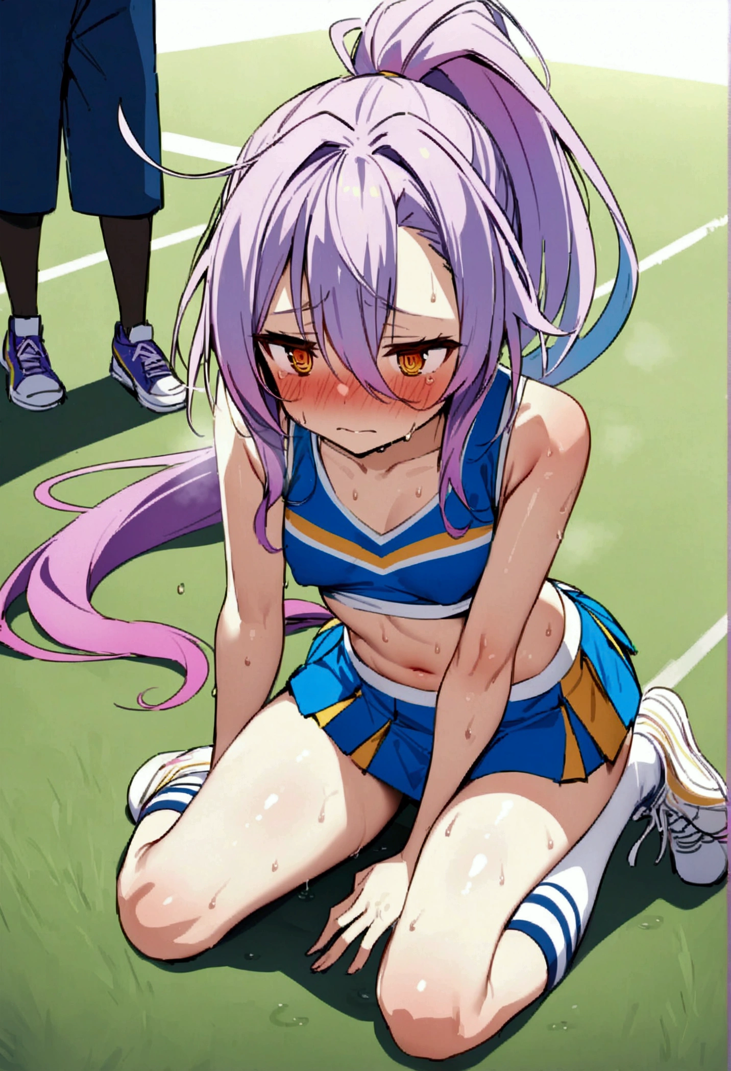 NSFW,masterpiece,Highest quality,High resolution,Very detailed,white\(no game No life\),Small breasts,ponytail,(Cheerleader),Tank top,Crop top,mini skirt,Knee-high socks,sports boots,School,Ground,Tired face,blush,Sweat