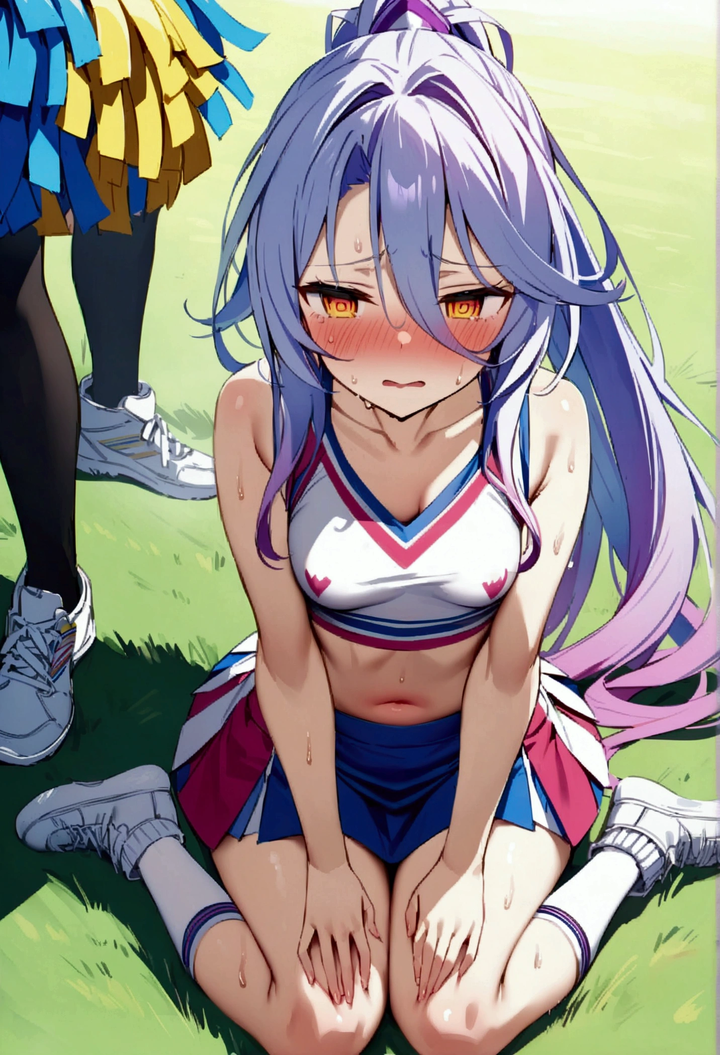 NSFW,masterpiece,Highest quality,High resolution,Very detailed,white\(no game No life\),Small breasts,ponytail,(Cheerleader),Tank top,Crop top,mini skirt,Knee-high socks,sports boots,School,Ground,Tired face,blush,Sweat