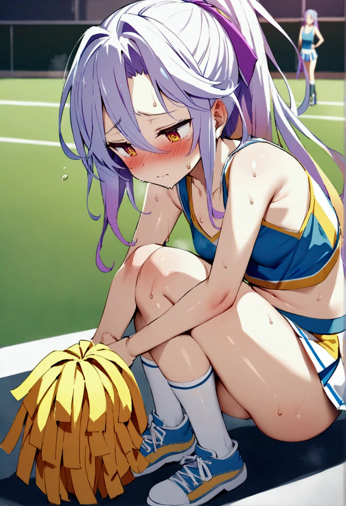 NSFW,masterpiece,Highest quality,High resolution,Very detailed,white\(no game No life\),Small ,ponytail,(Cheerleader),Tank top,Crop top,mini skirt,Knee-high socks,sports boots,School,Ground,Tired face,blush,Sweat