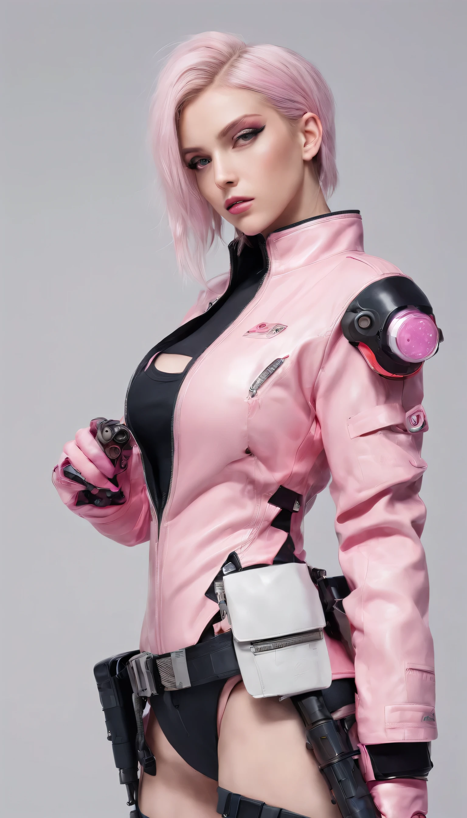 a woman in a pink outfit holding a gun, beutiful white girl cyborg, cyberpunk beautiful girl, cyberpunk anime girl, anime girl cosplay, female cyberpunk anime girl, dreamy cyberpunk girl, cyberpunk 2 0 y. o model girl, cyberpunk femme fatale, beautiful cyberpunk woman model, anime cosplay, very beautiful cyberpunk samurai, white cyborg fashion shot, cyberpunk girl.