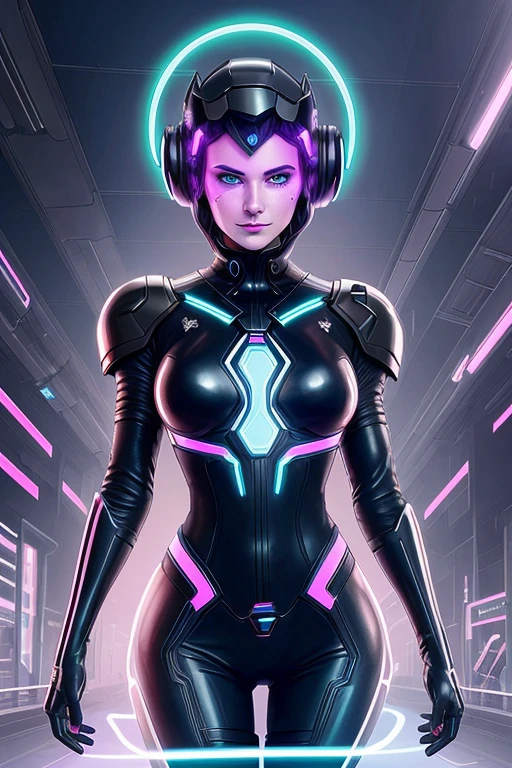 In the center of an advanced network of cyberpunk gadgets, a woman with glowing opalescent third eye and glowing opalescent skin dances through the air, her body covered in a rainbow of colors. Her chest glints green, and she wears a pair of metallic helmets and a pair of black boots. Her voice, known as "Empowering" is fierce, and her eyes glow with an otherworldly energy. She also has black skin, metallic features, and a shiny replica of a rock instrument. In the background, a woman with glowing eyes and a grin dances nimbly, while her head is on a cloud of glowing blue. Her eyes sparkle with an otherworldly energy, and she wears a pair of black helmets and a pair of black boots. She gazes out at the future, lost in thought.