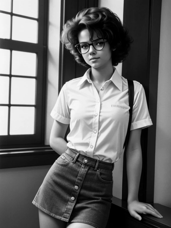 ((Monochrome Photography)), (black and white image), masterpiece, photo paper effect, Film grain, (((raw monochrome photo of a Soviet student in the style of the 80s))), filmed "Svema" SLR camera "Zenit-3", Humanity, photo of a charming chubby Russian student 18 years old with aesthetic soft very small natural teenage breasts with large beautiful pale pink erect nipples, very beautiful round young face(focus on perfect angelic face), round cheeks, round chin, beautiful proportional small wide nose, Realistic expressive dark brown eyes, long eyelashes, open friendly look, glasses with lenses, beautiful plump sensual lips, Mysterious Half-Smile, realistic very tousled dark brown tousled short hair, short, tousled, disheveled hair combed up(80s punk hairstyle), whole body, short stature, Teenage Physique, short torso, Narrow hips, narrow pelvis, beautiful hands and feet with graceful fingers, separated thighs, shameless carefree behavior, Stylish, elegant, loose-fitting button-down shirt over bare chest, black risky short miniskirt without panties underneath(aesthetic 80s style pubic hair), striped oversized knee socks, Converse sneakers,  (I don&#39;t wear a bra because I don&#39;t want to, I don&#39;t wear panties because I don&#39;t want to), realistic atmosphere of the USSR 80s, Portrait-Medium shot, whole body, free pose, sit on a park bench, open legs, crotch showing, ventilate pussy (upskirt:1.5)(risky exhibitionism), sunny day, natural natural light, everyday interaction with people around you, daylight, realistic human skin textures, Realistic clothing textures, realistic background textures, realistic Leningrad 80s on the background, realistic glasses with distorting lenses, reflections of sunlight on glasses lenses,