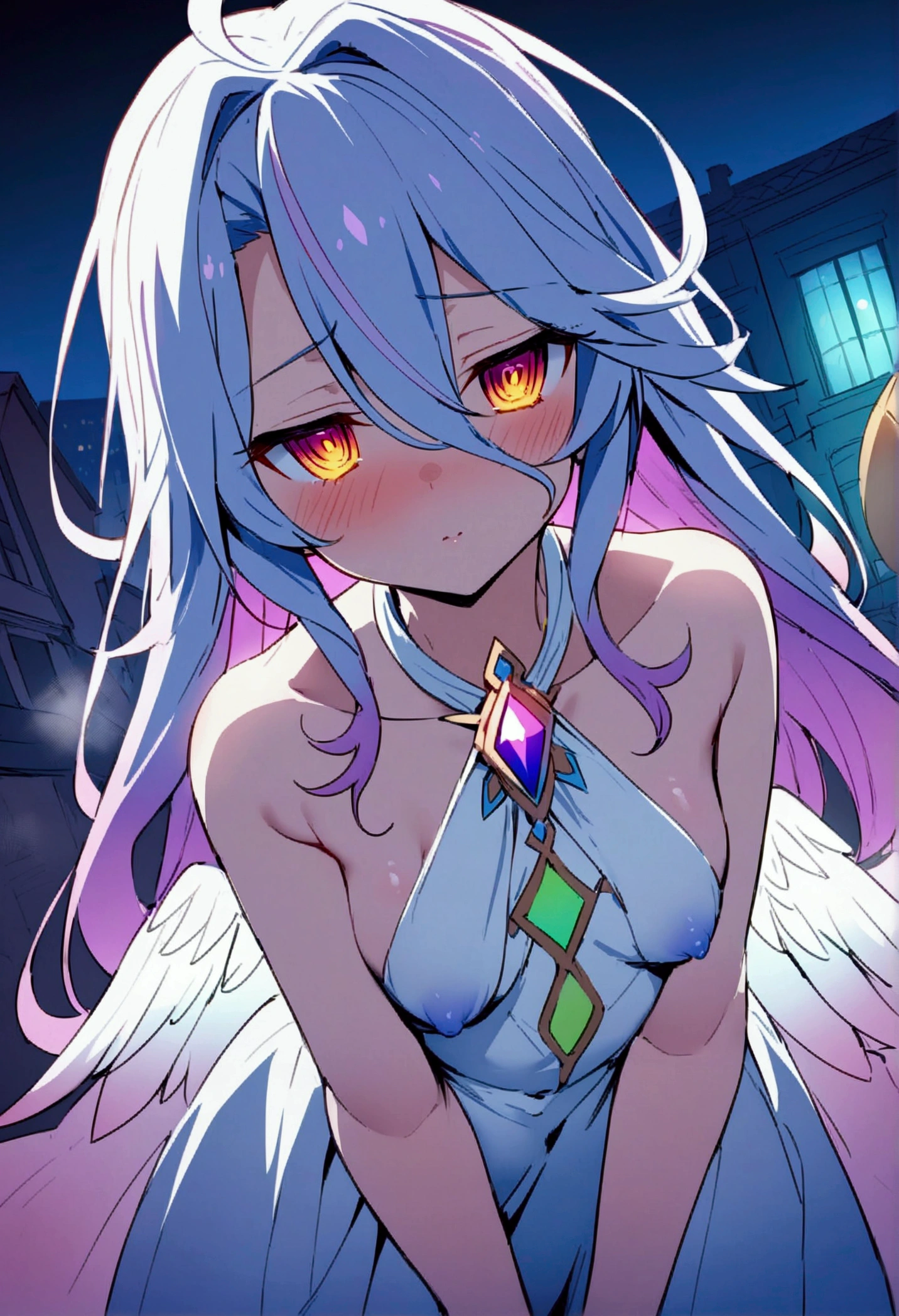 NSFW,masterpiece,Highest quality,High resolution,Very detailed,white\(no game No life\),Small breasts,Angel,Angelの羽,High-quality dress,Halter neck,gem,expectant face,blush,Hotel town at night