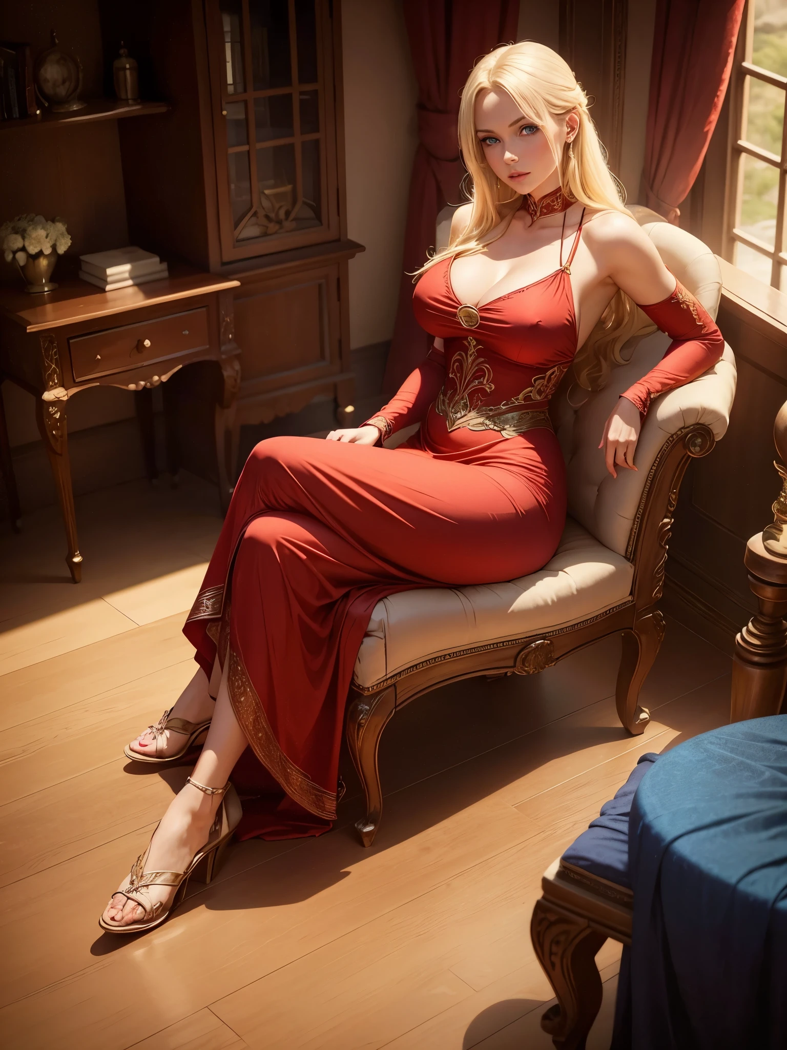 Blonde woman, twenty eight years old, blue eyes, wearing red long dress, beautiful long dress, sitting on a chair in a exquisite room, fantasy world, strong body, big tits