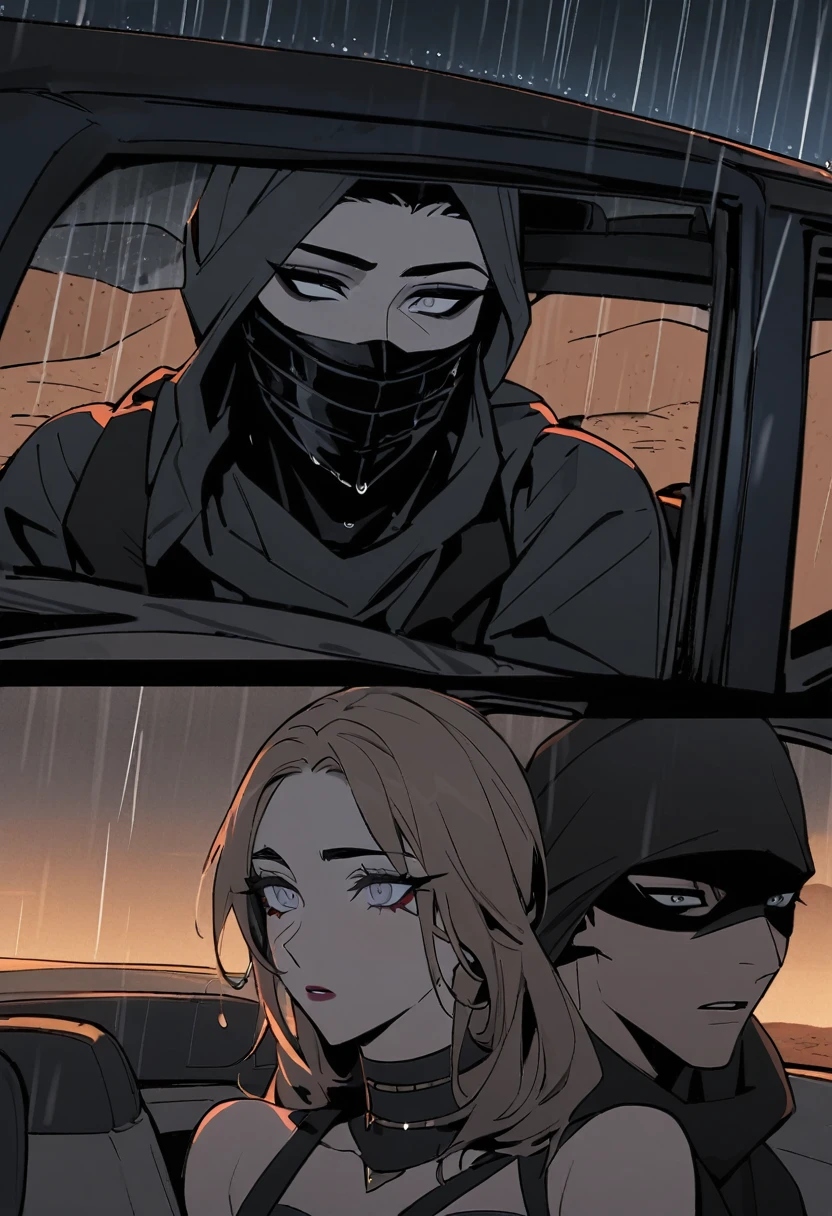 Male arab modern terrorist, terrorist, black balaclava, black bandage, white eyes, black clothes, thin waist, femboy, light skin, makeup, black eyeliner, big eyelashes, black eyeshadow, choker, inside the car, desert, night, rain, hetero duo, 1girl, brown long hair girl, girl without a mask, makeup