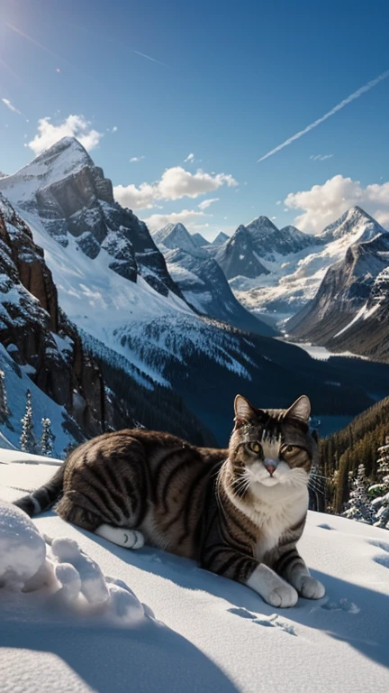Hyper-realistic digital painting of a giant cat perched majestically on a snow-capped mountaintop. The cat's fur is thick and warm, perfectly adapted to the cold environment. Below, a breathtaking panorama of mountain ranges and valleys stretches out, with clouds drifting past the cat's paws. The cat gazes serenely into the distance, its presence exuding calm and power. The scene captures the beauty and grandeur of nature, amplified by the presence of the giant feline. Cinematic composition, trending on ArtStation.