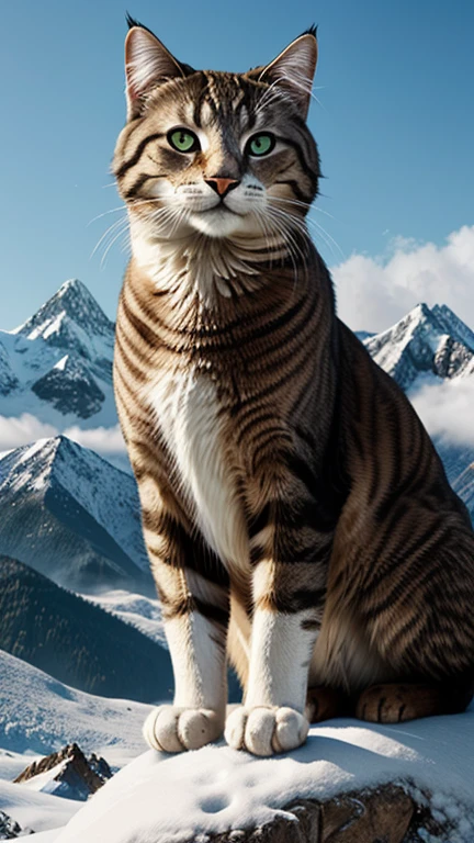 Hyper-realistic digital painting of a giant cat perched majestically on a snow-capped mountaintop. The cat's fur is thick and warm, perfectly adapted to the cold environment. Below, a breathtaking panorama of mountain ranges and valleys stretches out, with clouds drifting past the cat's paws. The cat gazes serenely into the distance, its presence exuding calm and power. The scene captures the beauty and grandeur of nature, amplified by the presence of the giant feline. Cinematic composition, trending on ArtStation.