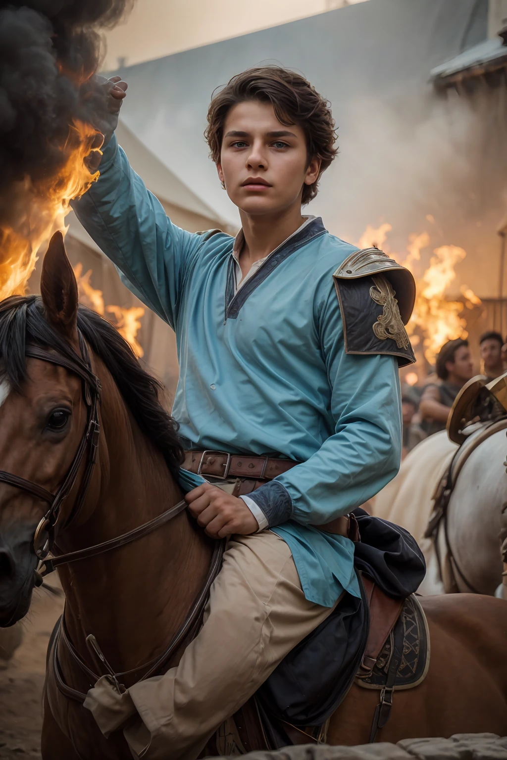 A young male twink, 18 years old, with a cute, angelic face, with makeup and black hair, wearing a medieval shirt with ties, a v-neck, and long sleeves, the color aquamarine, and white medieval pants. He is on the battlefield, riding on a horse, as if the horse is galloping.  He is holding a sword up and his shield in his other hand, and behind him are tents burning with flames of fire, and he looks angrily.