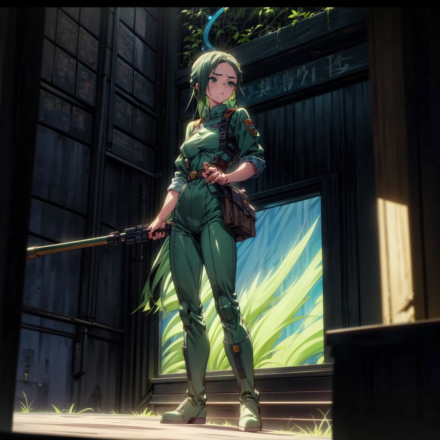 1girl, Full body version, 1character, green eyes, long haircut, skyblue color hair, soldier style clothing, boots, Grassroots, background in city street, motion blur, lighting, (dragon ball style art), standing gesture, snipers in hand 