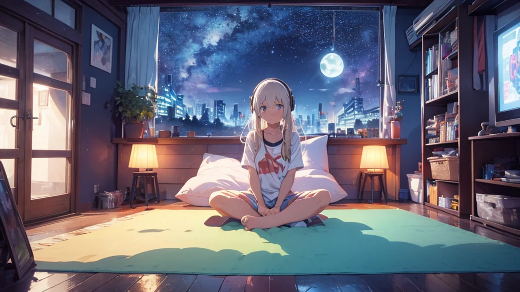 European hippie girl meditating in her room, dream, Please wear headphones., night light, Neon landscape on a rainy day, Analog color theme, Lo-Fi Hip Hop , retrospective exhibition, flat, 2.5D ,Draw a line, ink painting, Osaka Road, Watercolor painting, gouche paint, Studio Ghibli Style, Very bright colors, Outerton, Kraut Lock, Lofiato, 70's style,Old meat, Amplitude,Psychedelic atmosphere, Masterpiece, Amazing technology,