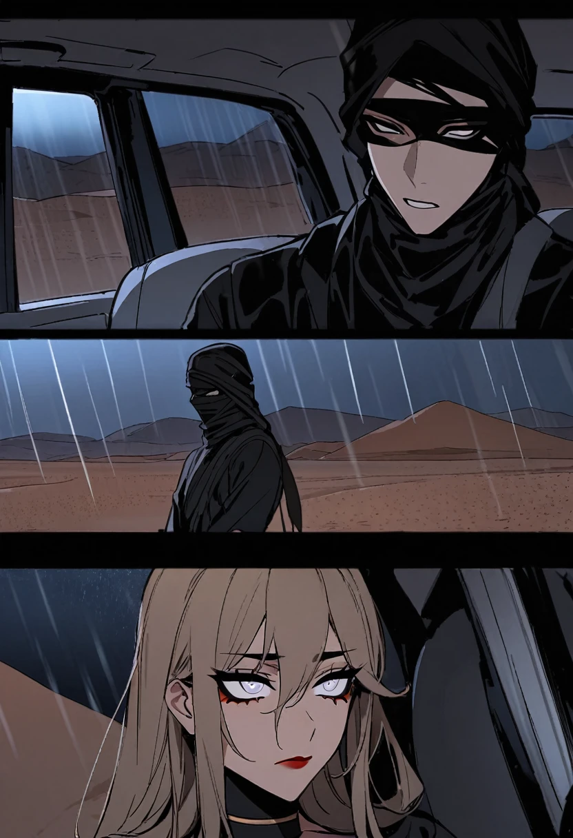 Male arab modern terrorist, terrorist, black balaclava, black bandage, white eyes, black clothes, thin waist, femboy, light skin, makeup, black eyeliner, big eyelashes, black eyeshadow, choker, inside the car, desert, night, rain, hetero duo, 1girl, brown long hair girl, girl without a mask, makeup