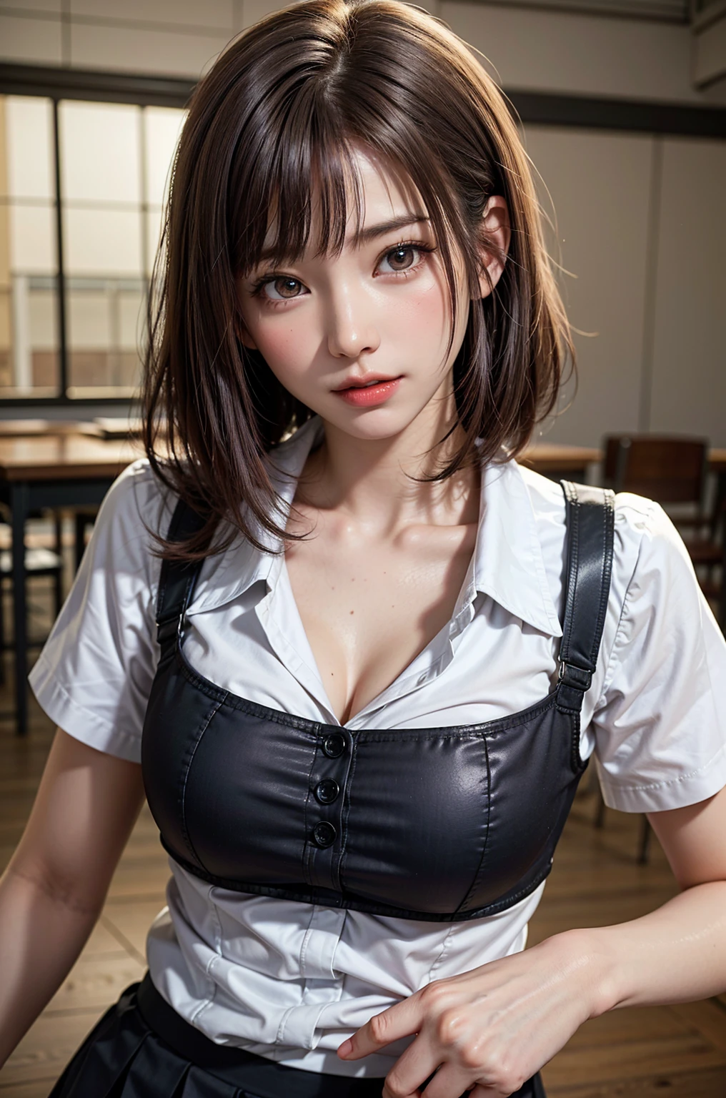 Beautiful lawyer、(独奏, 28 instars、Beautiful face with symmetry、Beautiful teeth、Intense highlighting of the eyes、lipglosasutepiece、top-quality、Top image quality、hyperdetailed face、Detailed lips、A detailed eye、double eyelid、Detailed shiny hair brunette short bob hair、School Uniforms、Tight micro mini skirt)、Read at her desk、In An empty library、(Glamorous body)、(perfect hand, Perfect fingers, perfect chest, Perfect fit, perfect bodies, face perfect, Perfect image realism, Detailed background, detailed costume、Lewd librarian、Hyper-Realism、Photorealsitic、unrealengine、8K maximum resolution, (​masterpiece), ighly detailed, Professional、（Perfect Anatomy、White attire）、