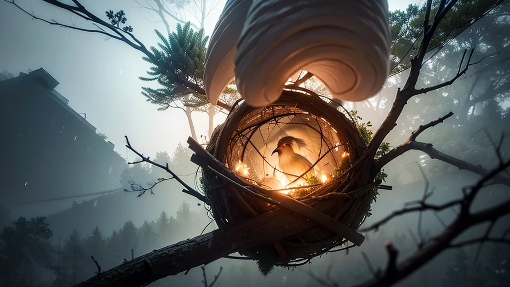 Create a close-up image of a forest during a severe storm, with broken branches and leaves being blown away by strong winds. In the center of the image, also in close-up, depict a nest with a mother bird calmly sitting over her chicks, conveying a sense of peace and tranquility amidst the chaos of the storm. The scene should clearly illustrate the concept of "Peace in the Midst of Chaos," showing the contrast between the violent storm and the calmness of the nest.