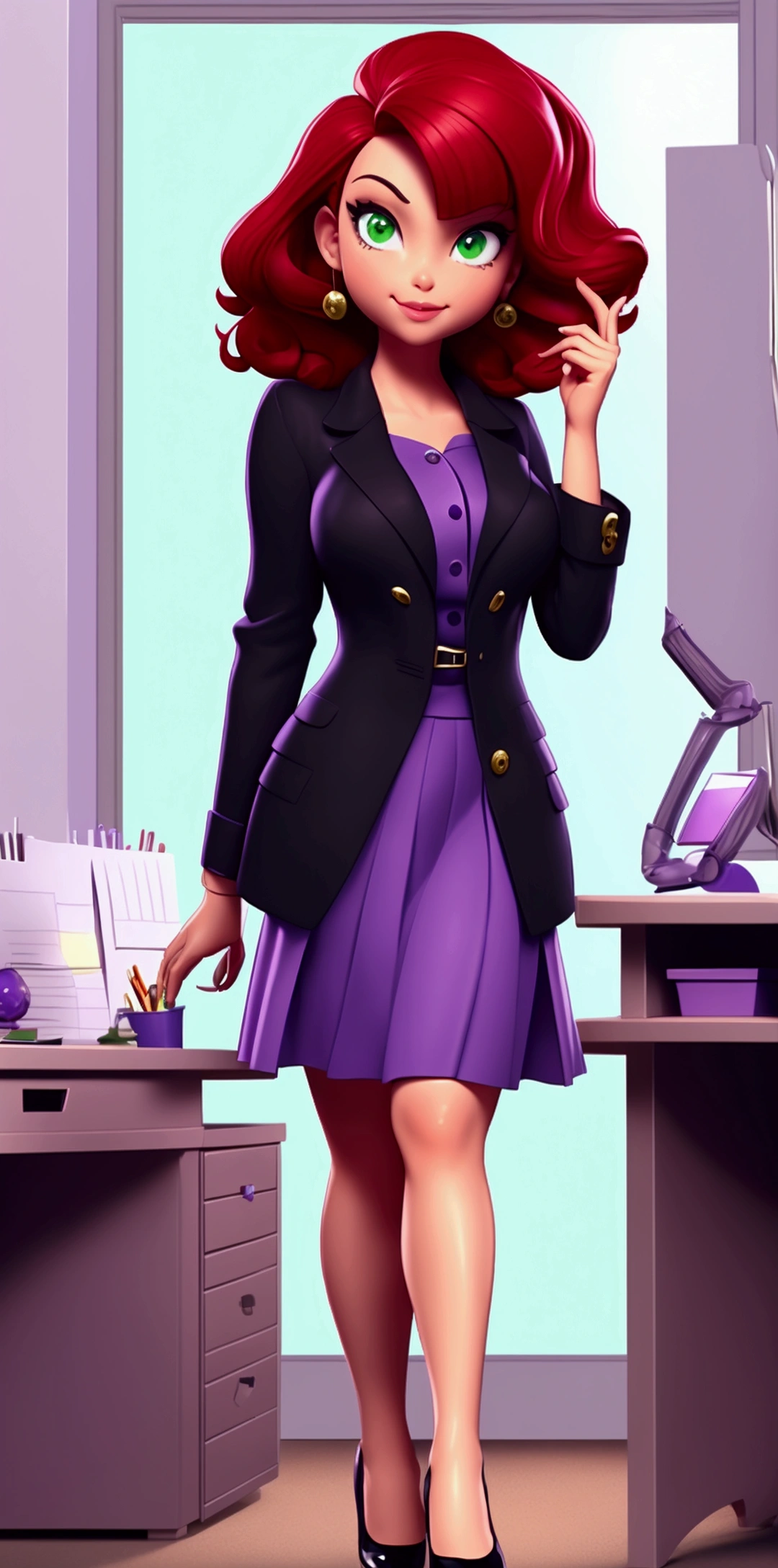 A cute girl, light skin, sexy, attractive, red hair, shiny cut, tousled, her green eye, dresses in a purple button-down buttoned long office coat and a long purple skirt with a black heel.