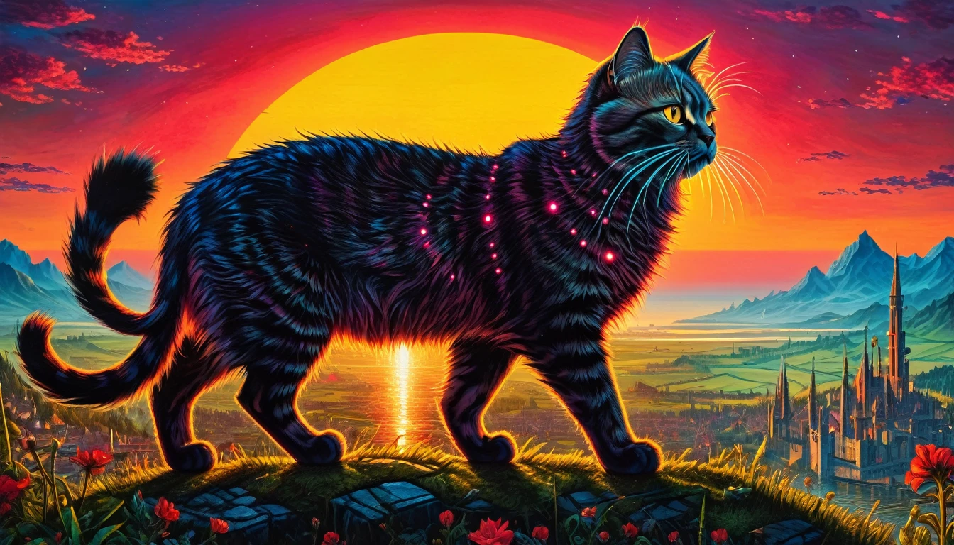 ((front view)) A giant ispolin cat, cyberpunk crimson sunset, created ((in the style of Albrecht Altdorfer)), Renaissance, pin-dot art,((oil painting knife)), rainessanse older gradient, Complex details, intricate, aesthetics, ((best quality, Masterpiece)),
((Highest detail), Octane rendering, 8K