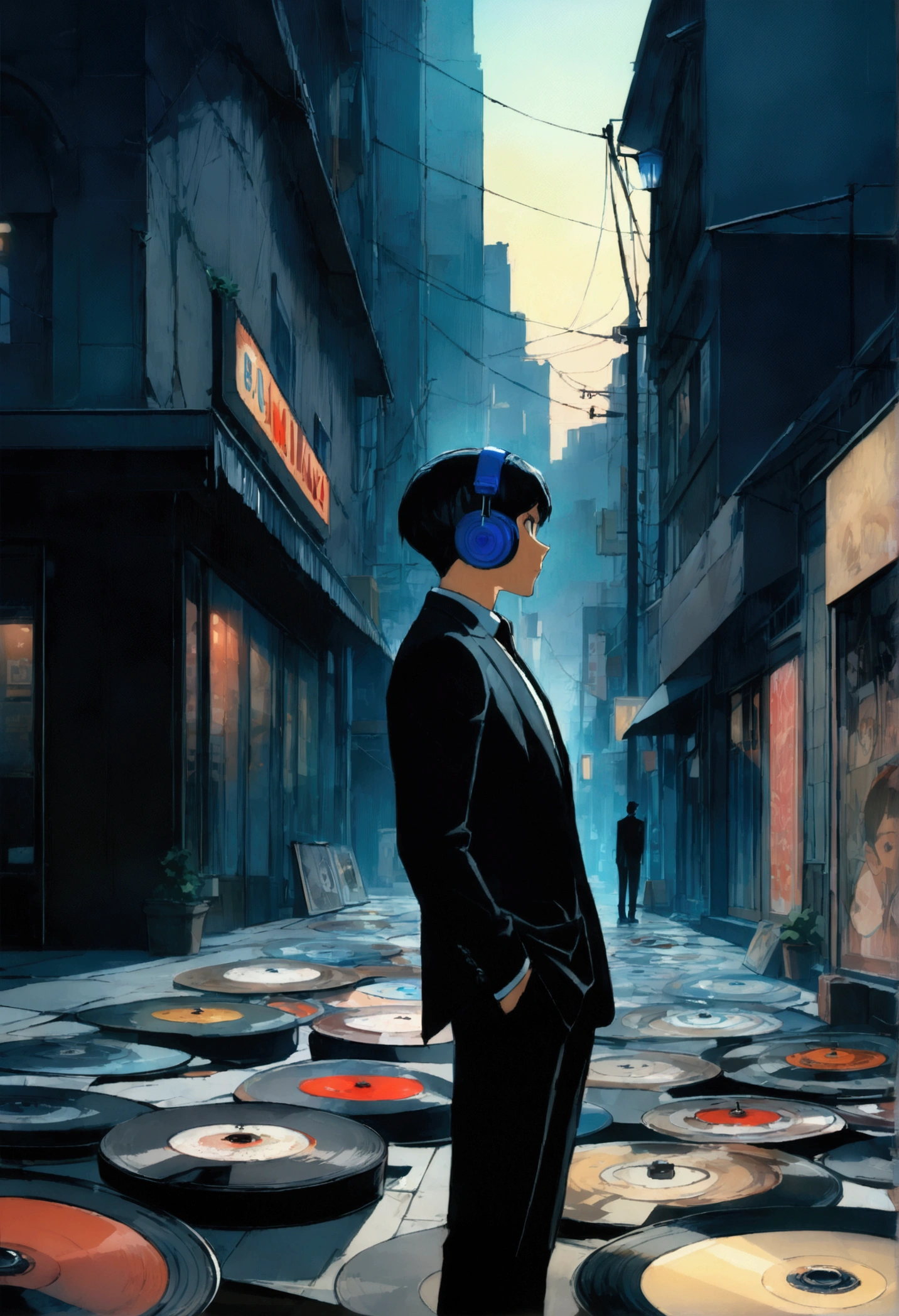 A boy wearing headphones and listening to music while wearing a suit, very detailed, dinner, sad mood, There is one building, night scenery, , 2d, (Shooting from a distance), wide shot, (noise in film), old cartoons, (Lots of records: 1.3), vinyl record store, (masterpiece, very high quality, very high quality, official art, beautifully、aesthetic: 1.2), (very detailed, (fractal art: 1.4 ), etc, (memo: 1.4), (lo-fi hip hop), side view, old animation texture, alone, Speaker, city pop