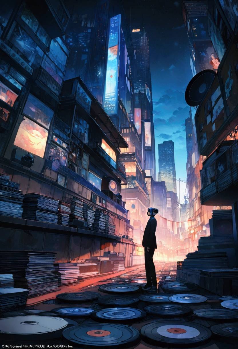 A boy wearing headphones and listening to music while wearing a suit, very detailed, dinner, sad mood, There is one building, night scenery, , 2d, (Shooting from a distance), wide shot, (noise in film), old cartoons, (Lots of records: 1.3), vinyl record store, (masterpiece, very high quality, very high quality, official art, beautifully、aesthetic: 1.2), (very detailed, (fractal art: 1.4 ), etc, (memo: 1.4), (lo-fi hip hop), side view, old animation texture, alone, Speaker, city pop
